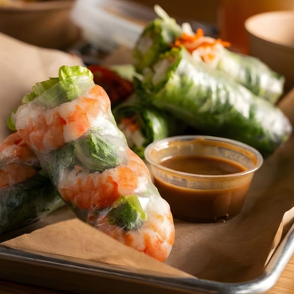 Fresh shrimp and vegetable spring rolls with peanut dipping sauce on a metal tray with parchment paper.