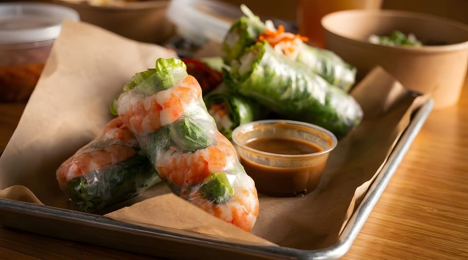 Fresh shrimp and vegetable spring rolls with peanut dipping sauce on a metal tray with parchment paper.