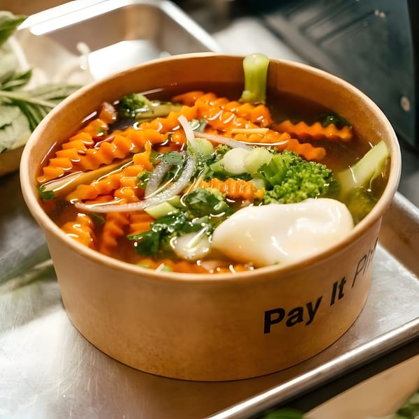 A bowl of soup with carrots, broccoli, and a poached egg, next to fresh basil.