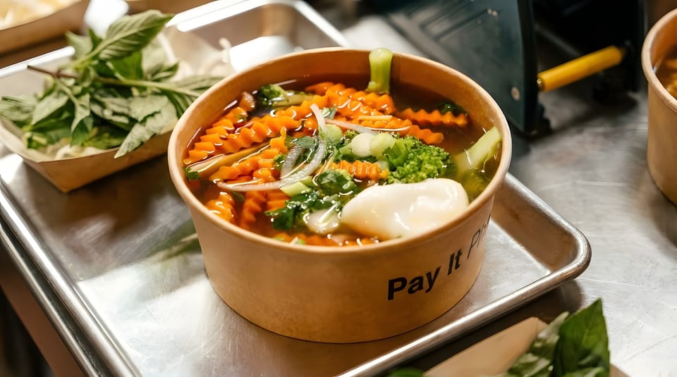 A bowl of soup with carrots, broccoli, and a poached egg, next to fresh basil.